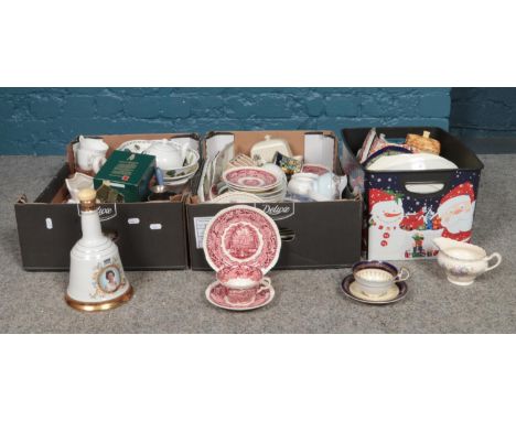 Three boxes of miscellaneous. Mason's 'Vista' cups/saucers/plates, Aynsley cup/saucer, J &amp; G Meakin jug etc.  