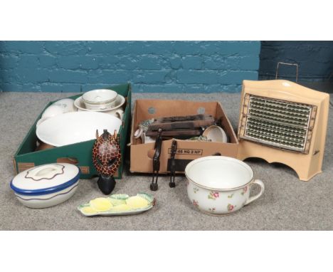 Two boxes of miscellaneous. Vintage Belling &amp; Co electric heater, Carlton ovenware lidded tureen, Minton large ceramic cu