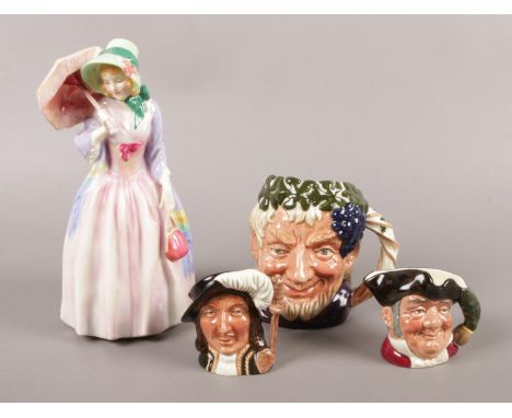 Four Royal Doulton ceramic figures and character jugs. Includes Miss Demure, Athos, Bacchus and Mine Host.  