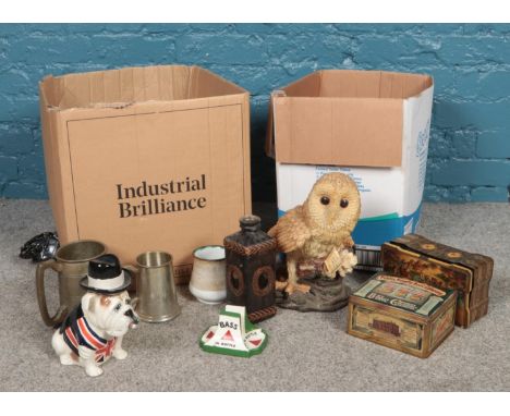 Two boxes of miscellaneous. Manor collectables British Bulldog figure, Pewter tankards, Bass &amp; Co ceramic stand etc  