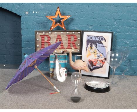 A quantity of miscellaneous. Light up bar sign, 'See you later Alligator' metal sign, large novelty drinking glasses, metal f