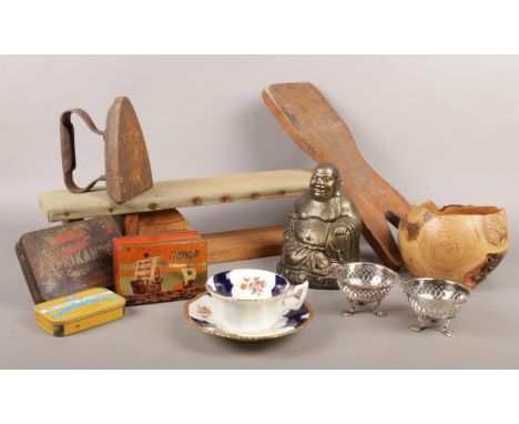A quantity of miscellaneous. Coalport cup &amp; saucer, a pair of silver plated dishes, vintage iron board &amp; iron etc.  