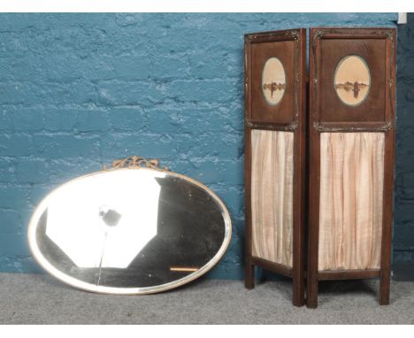 A vintage folding fire screen &amp; gilt oval mirror.  