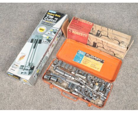 A quantity of miscellanoeus. Draper sockets set (AF/metric), heavy duty tile cutter, knee kicker.  