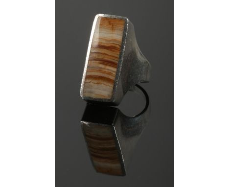 A silver Ralph Weston ring with large hardstone panel. Hallmarks for Sheffield 1975. Size of panel 2.5cm x 1cm. Size P.  