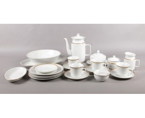 A twenty one piece white and gilt edge coffee/dinner set. To include coffee pot, cups, saucers, plates and large server etc. 