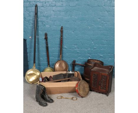 A quantity of miscellaneous.  Brass bed warmers, vintage ladies boots, vintage horse reins etc  
