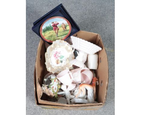 A box of miscellaneous. Includes Victorian and 19th century ceramics, Royal Worcester golfing plate, pressed glass etc.  