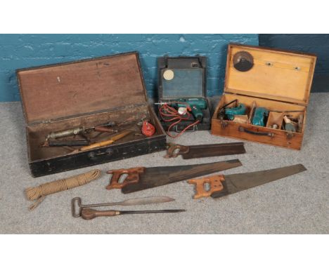 A quantity of tools. Including saws, Black &amp; Decker drill, fitted toolbox, etc.  