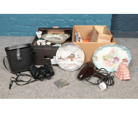 Two boxes of miscellaneous. Prinzlux cased binoculars, vintage Lewis bakelite hairdryer, silver plated flatware/fish eaters e