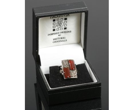 A silver carnelian and marcasite panel ring. Stamped 935. In Mackintosh box. Size I 1/2.  