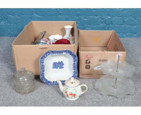 Two boxes of miscellaneous. Vintage glass cake stand, Sadler strawberry two cup tea pot, vases etc  