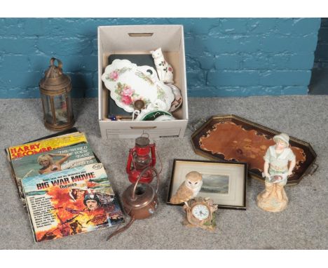 A box of miscellaneous. Including railway style lamps, records, copper watering can, large ceramic figure, etc.  