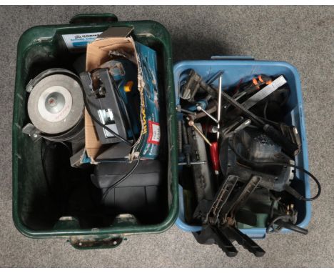 Two boxes of assorted tools. To include belt sander, jigsaw and a series of 'G' clamps.  