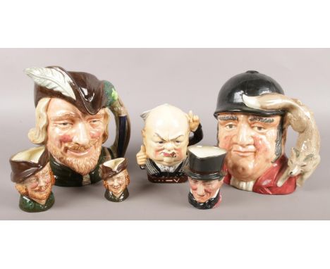 A collection of ceramic character jugs. Mostly Royal Doulton includes Robin Hood, Gone Away, Burleigh Ware Churchill etc.  