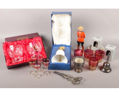 A collection of ceramics, glass and collectables. Includes Adderley Canadian Mountie, Bell's Scotch Whisky bell, Royal Doulto