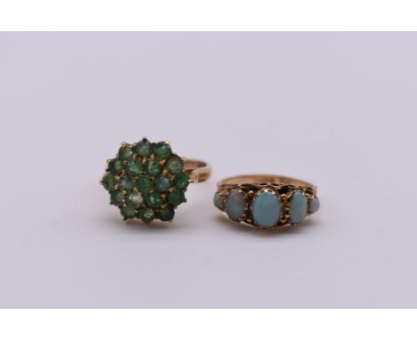 A graduated opal gold ring; together with an emerald gold cluster ring, both hallmarked 375. 