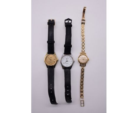 A Hamilton ladies 9ct gold manual wind wristwatch, on 9ct gold bracelet; together with two others. 