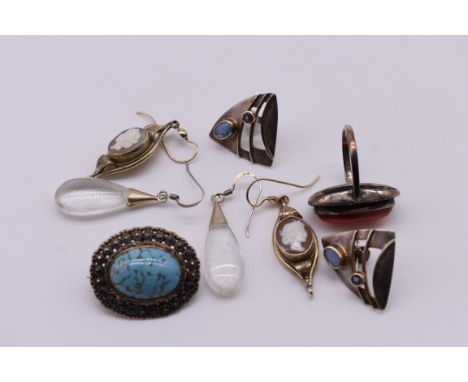 A pair of designer opal and silver earstuds, stamped 925; together with other items of silver and unmarked jewellery. (5) 