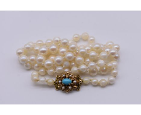 A graduated cultured pearl single strand necklace, having 9ct gold clap set turquoise, 53cm. 