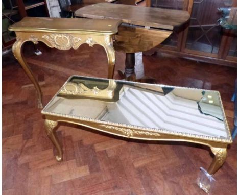 Modern gilt console table, modern drop-leaf kitchen table and gilt mirrored coffee table. Condition report: see terms and con