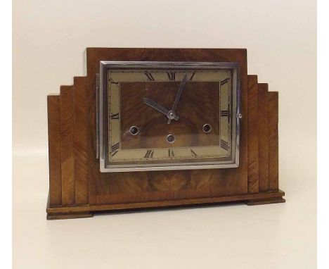 Art Deco mantel clock, walnut veneered, three train, 8-day movement, Westminster Whittington and silent reeds. Condition repo