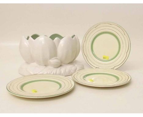 Clarice Cliff lily planter also three side plates. Condition report: see terms and conditions'.