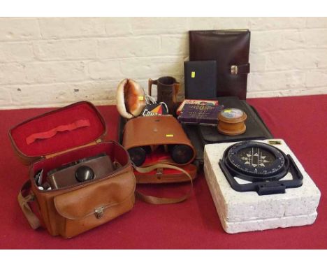 Collection of items including Zenith binoculars, Purma camera, Sowester ship's compass, cameo carved shell, playing cards, ca