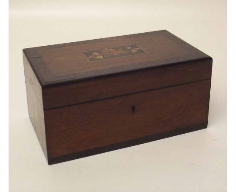 Walnut and crossbanded Victorian two division tea caddy with tumbridge style inlay to top. Condition report: see terms and co