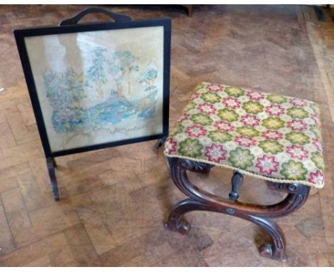 Regency rosewood stool with tapestry top and firescreen. Condition report: see terms and conditions'.