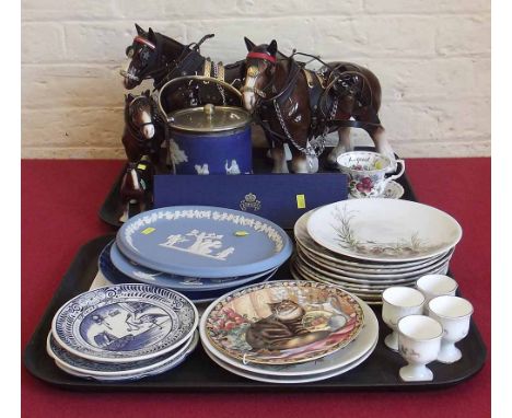 Melba ware and Beswick cart horse, quantity wall plates, Wedgwood bisuit jar and plaques etc. Condition report: see terms and