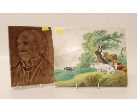 19th century English porcelain tile painted with cattle also a portrait tile depicting William Gladstone. Condition report: s