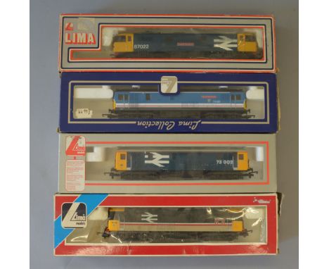 OO Gauge. Lima 4 x locomotives, various liveries. Class 73  73002, 73142, 73129 & Class 87  87022. All G in F boxes.