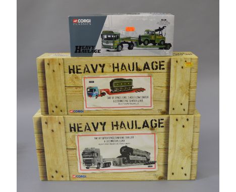 Three Corgi Heavy Haulage 1:50 scale models: 31003 Chris Miller; CC13213 Allely's Heavy Haulage Ltd; CC13203 Allely's Heavy H