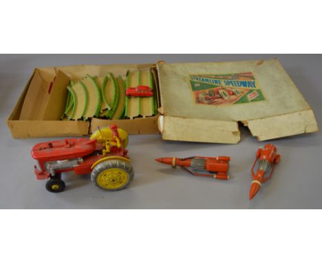 Mixed lot including a Marx Streamline Speedway (missing cars together with a tinplate and plastic tractor and two Thunderbird