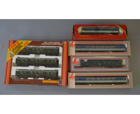 OO Gauge. 4 x DMU sets, various manufacturers. Hornby BR green 3 car set, Lima 2 car Sprinter, Lima single car unit (repainte