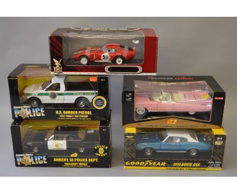 Five 1:18 scale diecast models, all American vehicles:ERTL American Muscle 1964 Chevy Impala Ankeny IA Police Dept; ERTL Amer