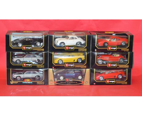 Nine Bburago 1:18 scale diecast model cars. Boxed and overall appear E. (9)