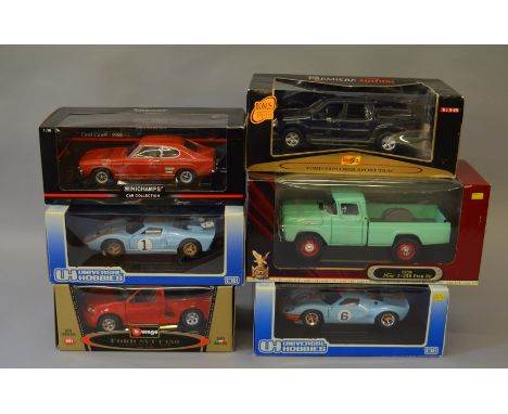 Six large scale Ford diecast models: Universal Hobbies GT 40 Le Mans 1966; Universal Hobbies GT 40 Le Mans Winner 1969; Minic