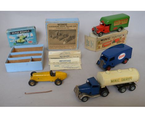 Mixed lot of tinplate models including boxed Scamold Clockwork constructor Racing Car, missing motor, with empty box for Buga