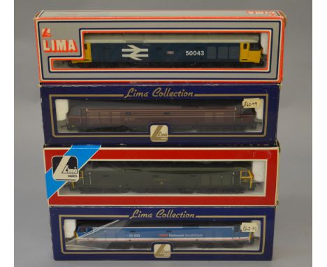 OO Gauge. Lima 4 x Class 50 diesel locomotives, various liveries. 50043, 50017, 50007 & 50033 All G/VG boxed.