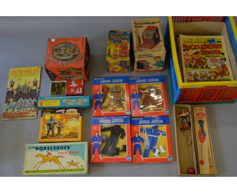 Good mixed lot including early Louis Marx Disney Snap-Eeze, Britians, Scalextric, Cecil Coleman Johnie Jackson Outfits etc. (