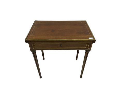 French walnut brass mounted inlaid writing card table, sliding fold over top, fitted compartment with easel dressing mirrorDi