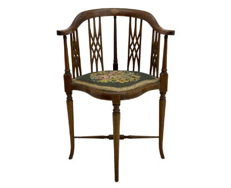 Edwardian inlaid mahogany corner chair, tapestry seatDimensions: Height:&nbsp;8cm&nbsp; Length/Width:&nbsp;55cm&nbsp; Depth/D