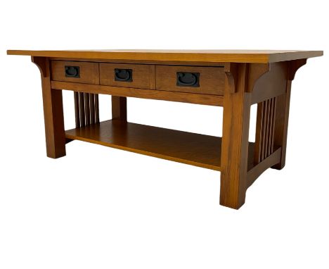 Light oak rectangular coffee table, with under-tier, two slide-through drawersDimensions: Height:&nbsp;53cm&nbsp; Length/Widt