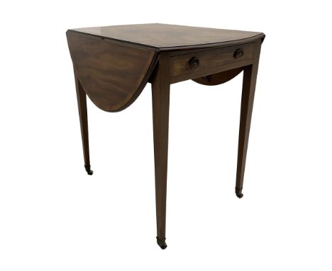 Regency mahogany Pembroke table, moulded oval drop leaf top with tulipwood banding, fitted with frieze drawer, on square tape