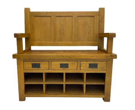 Light oak hall bench, tripled panelled back, fitted with drawers and shoe holesDimensions: Height:&nbsp;110cm&nbsp; Length/Wi