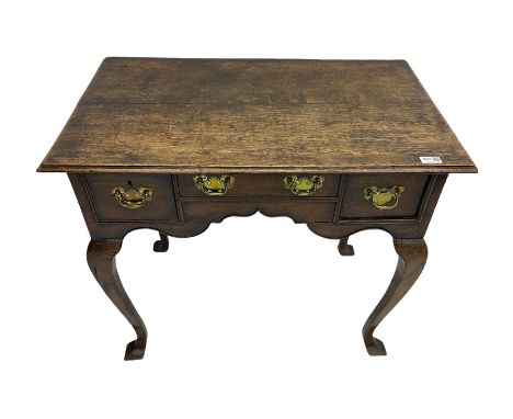 Georgian oak lowboy side table, fitted with thee drawers, brass loop handles, Cabriole leg with spade feetDimensions: Height: