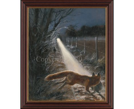 Mick Cawston Original oil on canvas painting of a Fox avoiding a man with a lamp. Image Area 24"x20", Guide Price £1,800-£2,4