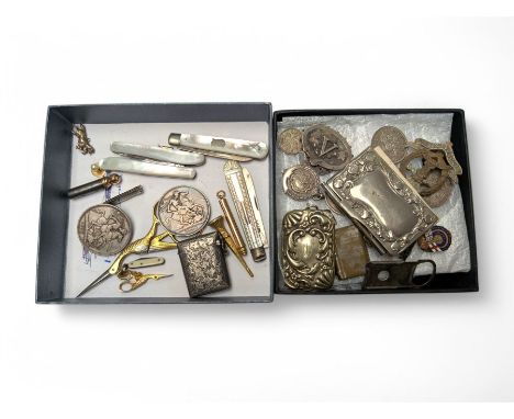 Two Victorian silver crown coins, silver vesta case, silver fob, two mother of pearl handled silver fruit knives, other coins